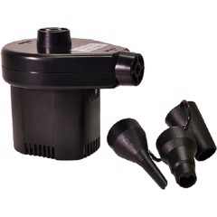 Svart elektrisk pump med tre munstycken, kompakt design, två strömingångar, idealisk för resebruk.